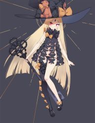 Rule 34 | 1girl, abigail williams (fate), abigail williams (second ascension) (fate), asymmetrical legwear, black bow, black footwear, black hat, black panties, black thighhighs, blonde hair, blush, bow, closed mouth, fate/grand order, fate (series), full body, grey background, hat, hat bow, highres, holding, holding key, jehyun, key, keyhole, long hair, navel, orange bow, oversized object, panties, parted bangs, pink eyes, revealing clothes, shoes, single thighhigh, smile, solo, stuffed animal, stuffed toy, teddy bear, thighhighs, topless, underwear, uneven legwear, v-shaped eyebrows, very long hair, witch hat