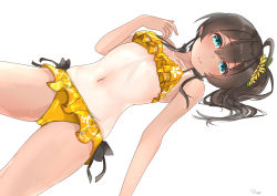 Rule 34 | 1girl, ahoge, aqua eyes, bikini, brown hair, closed mouth, collarbone, commentary request, frills, hair between eyes, hair ornament, hand up, hololive, long hair, looking at viewer, nagi (shunsuke-manage), natsuiro matsuri, natsuiro matsuri (hololive summer 2019), navel, orange bikini, shiny skin, side ponytail, simple background, smile, solo, sweat, swimsuit, tan, virtual youtuber, white background