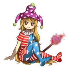 Rule 34 | 1girl, :d, american flag dress, american flag legwear, bad id, bad pixiv id, blonde hair, clownpiece, hat, jester cap, long hair, no shoes, open mouth, pantyhose, red eyes, sasa kichi, short sleeves, simple background, sitting, smile, solo, striped clothes, striped pantyhose, torch, touhou, very long hair, white background