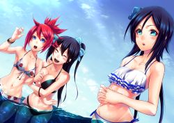 Rule 34 | 3girls, :d, bad id, bad pixiv id, bikini, black bikini, black hair, blue bow, blue eyes, blue hair, blue sky, blush, bow, bracelet, breast press, breasts, character request, cleavage, closed eyes, collarbone, day, dutch angle, floral print, front-tie bikini top, front-tie top, hair between eyes, hair bow, jewelry, large breasts, locked arms, long hair, medium breasts, mother (pso2), multiple girls, navel, open mouth, outdoors, own hands clasped, own hands together, phantasy star, phantasy star online 2, pink bikini, ponytail, red hair, shimotsuki shio, sky, small breasts, smile, standing, swimsuit, twintails, very long hair, wading, washinomiya koori, white bikini, yasaka hitsugi