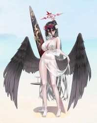 Rule 34 | 1girl, absurdres, alternate costume, angel wings, bare legs, bare shoulders, barefoot, black choker, black hair, black wings, blue archive, blush, breasts, choker, cleavage, closed mouth, collarbone, eyewear on head, feathered wings, feathers, full body, hair between eyes, hair ornament, halo, hasumi (blue archive), highres, holding, large breasts, large wings, long hair, looking at viewer, low wings, mole, mole under eye, red eyes, red halo, round eyewear, sarong, see-through, see-through sarong, simple background, solo, standing, sunglasses, surfboard, sweatdrop, swimsuit, thighs, very long hair, white sarong, wings, yarn (yarn 03)