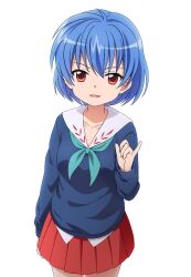 Rule 34 | 1girl, :d, aqua neckerchief, arm at side, blue hair, blue sweater, bob cut, breasts, collarbone, commentary, cowboy shot, dress shirt, hair between eyes, hand up, highres, iketeru futari, koizumi akira, long sleeves, looking at self, looking at viewer, motinoki, neckerchief, open mouth, pinky out, pleated skirt, red eyes, red skirt, sailor collar, school uniform, serafuku, shirt, short hair, simple background, skirt, small breasts, smile, solo, standing, sweater, untucked shirt, white background, white sailor collar, white shirt