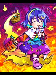 Rule 34 | basket, blue hair, blush, boots, candy, cloak, closed eyes, closed mouth, dress, food, hair between eyes, hairband, halloween, highres, holding, holding basket, holding candy, holding food, holding lollipop, lollipop, long sleeves, multicolored clothes, multicolored dress, multicolored hairband, patchwork clothes, pink footwear, pote (ptkan), rainbow gradient, short hair, smile, tenkyuu chimata, tongue, tongue out, touhou, white cloak