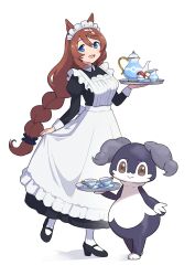 Rule 34 | 1girl, 1other, :d, absurdres, alternate costume, animal ears, apron, black dress, black footwear, black scrunchie, blue eyes, brown hair, creatures (company), cup, dress, enmaided, frilled apron, frills, game freak, gen 8 pokemon, hair between eyes, hair ornament, hair scrunchie, highres, holding, holding tray, horse ears, horse girl, horse tail, indeedee, indeedee (female), juliet sleeves, long hair, long sleeves, looking at viewer, maid, maid apron, maid headdress, mary janes, nintendo, open mouth, pokemon, pokemon (creature), puffy sleeves, saucer, scrunchie, shoes, simple background, smile, super creek (umamusume), tail, teacup, teapot, tray, umamusume, very long hair, waist apron, white apron, white background, yasa hattori