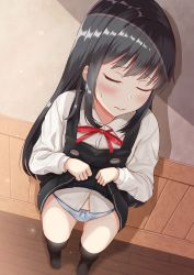Rule 34 | 1girl, 3:, asashio (kancolle), black hair, black thighhighs, blue panties, closed eyes, clothes lift, commentary request, dress, dress lift, dress shirt, from above, full body, highres, kantai collection, lifting own clothes, long hair, long sleeves, panties, perspective, pinafore dress, shirt, sleeveless dress, solo, standing, thighhighs, underwear, white shirt, zuki