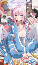Rule 34 | 1girl, absurdres, animal costume, blue archive, breasts, cat, cleavage, highres, jsscj, large breasts, long hair, looking at viewer, mika (blue archive), pink hair, shark costume, sitting, smile, solo, wings