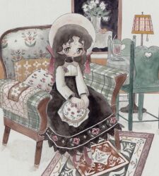 Rule 34 | 1girl, armchair, black dress, brown hair, buttoned cuffs, chair, closed mouth, collared shirt, cushion, dress, drink, embroidery, embroidery hoop, floral print, full body, fuminooco, hat, high collar, holding, indoors, lamp, long dress, long hair, long sleeves, looking at viewer, mary janes, on chair, original, own hands together, painting (object), red footwear, red ribbon, ribbon, shirt, shoes, sitting, smile, solo, table, traditional media, white hat, white shirt