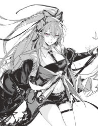 Rule 34 | 1girl, arknights, bandeau, bow, breasts, bug, butterfly, commentary, detached collar, hair bow, highres, hug (yourhug), insect, jacket, ling (arknights), ling (towering is cliff of nostalgia) (arknights), long sleeves, looking at viewer, medium breasts, monochrome, necktie, ponytail, shorts, simple background, sketch, smile, solo, thigh strap, tied jacket, white background