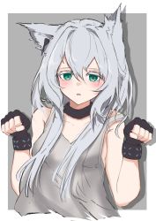 Rule 34 | 1girl, absurdres, animal ear fluff, animal ears, aqua eyes, arknights, black gloves, blush, cat ears, cat girl, collarbone, commentary, earpiece, fingerless gloves, gloves, grey hair, grey tank top, highres, infection monitor (arknights), long hair, paw pose, rosmontis (arknights), solo, tank top, wanko0304