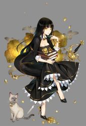 Rule 34 | 1girl, animal, black dress, black footwear, black hair, blue eyes, blunt bangs, book, book stack, bracelet, breasts, cat, cat (masterwork apocalypse), cleavage, closed mouth, collar, commentary request, detached collar, dress, eyelashes, flower, forehead, full body, gold trim, grey background, hand up, high heels, highres, jewelry, leaning forward, long hair, medium breasts, official art, original, parted lips, patent heels, petals, pumps, shoes, siamese cat, simple background, sitting, slit pupils, solo, stiletto heels, sword, weapon, yellow eyes, yellow flower, yuri (anachronic)