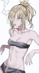 Rule 34 | 1girl, bare shoulders, blush, breasts, cigarette, cleavage, fate/apocrypha, fate (series), green hair, hair over one eye, highres, looking at viewer, mordred (fate), mordred (fate/apocrypha), navel, nipi27, ponytail, shorts, simple background, smoking, solo, white background