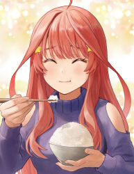 Rule 34 | 1girl, ahoge, blush, bowl, chopsticks, closed eyes, closed mouth, clothing cutout, commentary request, eating, go-toubun no hanayome, hair ornament, highres, holding, holding bowl, holding chopsticks, ishiyuki, long hair, long sleeves, nakano itsuki, purple sweater, red hair, revision, rice, rice bowl, shoulder cutout, smile, solo, star (symbol), star hair ornament, sweater, turtleneck, upper body