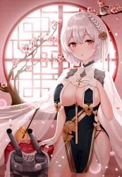 Rule 34 | 1girl, absurdres, azur lane, backlighting, bad id, bad pixiv id, bird, blush, braid, branch, breast curtains, breasts, cherry blossoms, china dress, chinese clothes, cleavage, dress, flower, garter straps, gloves, grey dress, hair between eyes, hair flower, hair ornament, half gloves, hand on own chest, highres, huge filesize, kuma 9180, large breasts, looking at viewer, manjuu (azur lane), neckwear between breasts, open mouth, petals, red eyes, revealing clothes, round window, see-through, short hair, side braid, sideboob, sirius (azur lane), sirius (azure horizons) (azur lane), thighhighs, thighs, turret, white gloves, white hair, white thighhighs, window