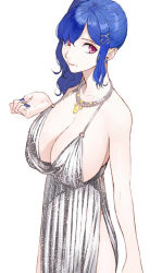 Rule 34 | 1girl, azur lane, backless dress, backless outfit, bad id, bad pixiv id, bare shoulders, blue hair, blue nails, breasts, cicari, cleavage, closed mouth, commentary request, dress, earrings, evening gown, from above, grey dress, hair between eyes, hair ornament, hairclip, halter dress, halterneck, jewelry, large breasts, nail polish, necklace, pink eyes, plunging neckline, revealing clothes, side ponytail, side slit, sidelocks, silver dress, st. louis (azur lane), st. louis (luxurious wheels) (azur lane)