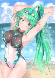 Rule 34 | 1girl, armpits, arms up, artist name, bare shoulders, beach, black one-piece swimsuit, blue sky, blush, breasts, cloud, cocoasabure, competition swimsuit, covered navel, cowboy shot, day, earrings, female focus, gradient background, green eyes, green hair, highres, jewelry, long hair, looking at viewer, matching hair/eyes, medium breasts, nintendo, ocean, one-piece swimsuit, open mouth, pneuma (xenoblade), ponytail, shiny clothes, signature, sky, smile, solo, spoilers, standing, swept bangs, swimsuit, thighs, tiara, turtleneck, very long hair, xenoblade chronicles (series), xenoblade chronicles 2