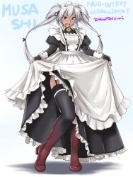 Rule 34 | 1girl, alternate costume, apron, black dress, boots, brown eyes, dark-skinned female, dark skin, dress, enmaided, full body, garter straps, glasses, grey hair, kantai collection, long sleeves, maid, maid apron, maid headdress, musashi (kancolle), musashi kai ni (kancolle), puffy long sleeves, puffy sleeves, semi-rimless eyewear, solo, standing, tatsumi ray, thigh boots, thighhighs, twintails, under-rim eyewear, white apron, wrist cuffs