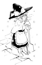 Rule 34 | 1girl, apron, black hat, black skirt, black vest, bow, breath, commentary request, full body, greyscale, hat, hat bow, kirisame marisa, long hair, looking at viewer, mittens, monochrome, natsume (menthol), shirt, short sleeves, shovel, simple background, skirt, snow, snowing, solo, touhou, vest, waist apron, white background, white shirt, winter, witch hat