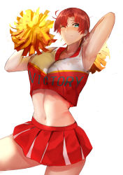 Rule 34 | 1girl, aqua eyes, bare shoulders, blush, boudica (fate), breasts, cheerleader, collarbone, crop top, crop top overhang, earrings, fate/grand order, fate (series), holding, holding pom poms, jewelry, jikihatiman, large breasts, looking at viewer, midriff, navel, one eye closed, pom pom (cheerleading), pom poms, red hair, red shirt, red skirt, shirt, short hair, short ponytail, simple background, skirt, smile, solo, thighs, white background