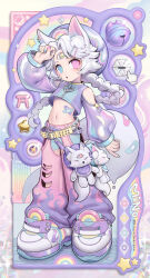 1boy absurdres androgynous animal_ears belt braid commentary crop_top cyber_fashion fox_boy fox_ears full_body grey_hair heterochromia highres long_hair male_focus mino_(kirarayakubou) multiple_belts nail_polish original pants rainbow shoes shorts single_braid standing star_(symbol) stuffed_fox symbol-only_commentary third_eye trap very_long_hair y2k_(fashion)