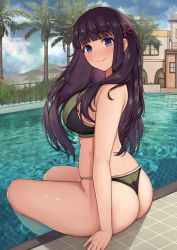 Rule 34 | 1girl, aged up, ass, bikini, blue eyes, blunt bangs, blush, bow, breasts, commentary request, from side, green bikini, hair bow, highres, kannko bokujou, kasumi (princess connect!), kasumi (real) (princess connect!), large breasts, long hair, looking at viewer, outdoors, poolside, princess connect!, purple hair, sidelocks, smile, soaking feet, solo, swimsuit, thong, thong bikini, tile floor, tiles