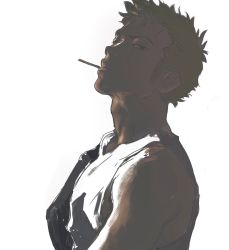 Rule 34 | 1boy, food in mouth, from side, green hair, head tilt, highres, long sideburns, male focus, no.6 (numberr 6), one piece, pocky, pocky in mouth, roronoa zoro, scar, scar across eye, short hair, sideburns, solo, tank top, upper body, white tank top