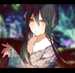 Rule 34 | 1girl, black hair, blurry, blurry background, blurry foreground, blush, braid, brown eyes, closed mouth, commentary request, danganronpa (series), danganronpa v3: killing harmony, depth of field, floral print, flower, fur collar, genderswap, genderswap (mtf), hair between eyes, hair flower, hair ornament, hand up, holding, japanese clothes, kimono, letterboxed, long hair, looking at viewer, obi, print kimono, qiao xing, red flower, saihara shuichi, sash, sleeves past wrists, solo, wide sleeves, yellow eyes