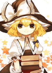 Rule 34 | 1girl, absurdres, apron, back bow, bad id, bad twitter id, black dress, black hat, blonde hair, blouse, blue bow, book, book stack, bow, braid, commentary request, dress, hair bow, hat, hat bow, highres, holding, holding book, kirisame marisa, looking at viewer, puffy short sleeves, puffy sleeves, shirt, short hair, short sleeves, shoudoku taishi (taishi), side braid, single braid, smile, solo, star (symbol), starry background, touhou, waist apron, white background, white bow, white shirt, witch hat, wrist cuffs, yellow eyes