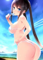 Rule 34 | 1girl, amasora taichi, arched back, armpits, ass, back, backlighting, bare arms, bare shoulders, bikini, black hair, blue eyes, blue sky, blush, body blush, breasts, cloud, contrail, day, eating, female focus, food, from side, hand on own hip, long hair, looking at viewer, looking back, looking to the side, medium breasts, ocean, open mouth, original, outdoors, panties, popsicle, sideboob, sky, solo, standing, string bikini, sweat, swimsuit, thighs, thong, thong bikini, twintails, underwear, very long hair, water, wet, white bikini