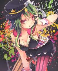 Rule 34 | 1girl, breasts, cleavage, green hair, gumi, hat, highres, killer lady (vocaloid), kuroi (liar-player), pantyhose, pantyhose under shorts, red eyes, short hair, short hair with long locks, shorts, solo, striped clothes, striped pantyhose, vocaloid