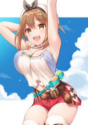 Rule 34 | 1girl, :d, absurdres, arm behind head, arm up, armpits, atelier (series), atelier ryza, atelier ryza 1, belt, blue sky, blush, breasts, brown eyes, brown hair, cleavage, cloud, commentary request, day, hair ornament, hairclip, hat, highres, jewelry, large breasts, looking at viewer, necklace, open mouth, red shorts, reisalin stout, shiyo yoyoyo, short hair, short shorts, shorts, sky, smile, solo, star (symbol), teeth, thighhighs, thighs, upper teeth only, white hat, white thighhighs