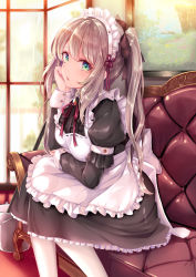 Rule 34 | 1girl, apron, arm grab, black dress, brown hair, bucket, closed mouth, collared dress, commentary, couch, dress, frilled apron, frilled dress, frills, frown, green eyes, hair ribbon, haruka natsuki, head rest, highres, indoors, juliet sleeves, long hair, long sleeves, looking at viewer, maid apron, maid headdress, medium dress, mop, neck ribbon, on couch, original, pantyhose, parted lips, puffy sleeves, red ribbon, ribbon, sitting, solo, twintails, white apron, white pantyhose