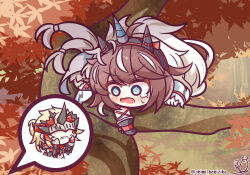 Rule 34 | 1boy, 1girl, ?, @ @, absurdres, arknights, autumn leaves, benizika, black gloves, black hairband, blue eyes, blush, boots, brown hair, chibi, closed mouth, day, gloves, hairband, highres, horns, in tree, long hair, long sleeves, mole, mole under eye, multicolored hair, noir corne (arknights), open mouth, outdoors, signature, single sleeve, sleeves past wrists, streaked hair, sweat, tears, tree, twitter username, very long hair, wavy mouth, white footwear, white hair, yato (arknights)