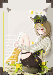 Rule 34 | 1girl, absurdres, animal, animal ears, animal on head, arknights, beanstalk (arknights), black shorts, blush, braid, brown hair, closed mouth, crab, crab on head, english text, flower, from side, full body, green ribbon, hair over shoulder, hair ribbon, highres, kneehighs, legs up, long hair, long sleeves, looking away, looking down, on head, red eyes, ribbon, shirt, shorts, shuixi, single braid, sitting, smile, socks, solo, striped clothes, striped shirt, tail, thigh strap, vertical-striped clothes, vertical-striped shirt, white shirt, yellow flower, yellow socks