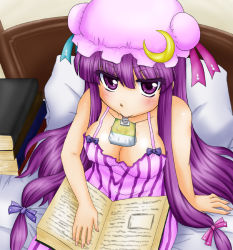 Rule 34 | 1girl, arm support, bed, blush, book, breasts, cleavage, female focus, from above, hat, indoors, large breasts, long hair, looking at viewer, looking up, low-tied long hair, mob cap, patchouli knowledge, purple eyes, purple hair, sebasu, sitting, solo, touhou, very long hair