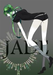 Rule 34 | 10s, adjusting clothes, adjusting legwear, androgynous, ass, bad id, bad pixiv id, black shorts, character name, full body, gender request, green eyes, green hair, hair rings, houseki no kuni, jade (houseki no kuni), kneehighs, long hair, shorts, socks, solo, standing, standing on one leg