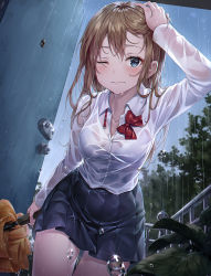 Rule 34 | 1girl, 3;, arm up, black skirt, blue eyes, blue sky, blush, bow, bowtie, bra, breasts, brown hair, closed mouth, collarbone, collared shirt, cowboy shot, day, door, dress shirt, hand on own head, holding, holding umbrella, long hair, long sleeves, looking at viewer, medium breasts, miniskirt, one eye closed, original, outdoors, plant, pleated skirt, r o ha, railing, rain, red bow, red bowtie, school uniform, see-through, shirt, sidelocks, skirt, sky, solo, standing, thighs, tree, umbrella, underwear, water, wet, wet clothes, wet shirt, white bra, white shirt