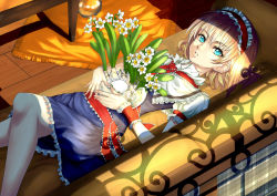 Rule 34 | 1girl, alice margatroid, blonde hair, blue eyes, capelet, couch, daffodil, female focus, flower, frills, hairband, looking at viewer, lying, on back, realmbw, short hair, solo, touhou, wrist cuffs