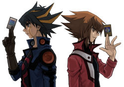 Rule 34 | 2boys, backlighting, bad id, bad pixiv id, between fingers, black hair, bright pupils, brown hair, card, duel academy uniform (yu-gi-oh! gx), from side, fudo yusei, gloves, holding, holding card, jacket, male focus, multicolored hair, multiple boys, osiris red uniform, short hair, simple background, spiked hair, streaked hair, tea (retroz), white background, yu-gi-oh!, yu-gi-oh! 5d&#039;s, yu-gi-oh! gx, yu-gi-oh (card), yuki judai