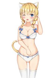 Rule 34 | 1girl, animal ears, bad id, bad pixiv id, bare arms, bare shoulders, blonde hair, blue bow, blush, bow, bow bra, bow panties, bra, braid, breasts, cat ears, cat girl, cat tail, cleavage, collarbone, commentary request, gluteal fold, hair between eyes, hair bow, hair over shoulder, hand up, highres, long hair, low twintails, medium breasts, navel, original, panties, simple background, solo, standing, tail, tail raised, takapii, thighhighs, twin braids, twintails, underwear, underwear only, white background, white bra, white panties, white thighhighs
