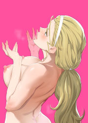 Rule 34 | 10s, 1girl, bad id, bad pixiv id, blue eyes, blush, breasts, butt crack, colored skin, from behind, girls und panzer, hairband, heart, ikuchan kaoru, large areolae, large breasts, long hair, multicolored skin, nipples, nude, open mouth, pink background, ponytail, revision, sasaki akebi, simple background, solo, tongue, tongue out, upper body, white hairband