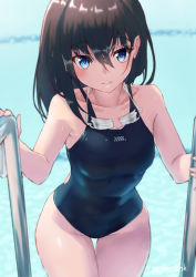 Rule 34 | 1girl, bare arms, bare shoulders, black hair, black one-piece swimsuit, blue eyes, blush, breasts, closed mouth, collarbone, commentary request, competition swimsuit, cowboy shot, gridman universe, hair between eyes, highres, jonsun, long hair, one-piece swimsuit, pool, pool ladder, skindentation, small breasts, solo, ssss.gridman, swimsuit, takarada rikka, thigh gap, twitter username, water, wet, wet hair
