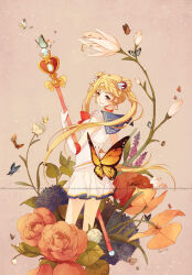 Rule 34 | 1girl, animal, artist name, bishoujo senshi sailor moon, blonde hair, blue eyes, blush, bow, bug, butterfly, choker, circlet, double bun, elbow gloves, flower, flower request, from behind, gloves, hair bun, highres, holding, holding wand, insect, joanna (mojo!), lavender (flower), long hair, looking back, magical girl, monarch butterfly, oversized animal, parted bangs, pleated skirt, rose, sailor collar, sailor moon, sailor senshi uniform, short sleeves, skirt, smile, solo, tsukino usagi, twintails, very long hair, wand, watermark, wing hair ornament