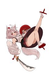 Rule 34 | 1girl, animal ears, ass, black skirt, detached sleeves, full body, geta, grey hair, hat, highres, holding, holding shield, holding sword, holding weapon, inubashiri momiji, japanese clothes, mota, open mouth, pom pom (clothes), red eyes, red footwear, red hat, shield, short hair, simple background, skirt, socks, solo, sword, tail, tengu-geta, tokin hat, touhou, weapon, white background, white sleeves, white socks, wide sleeves, wolf ears, wolf tail