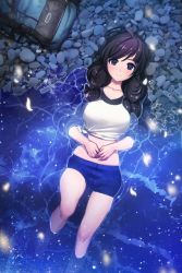 Rule 34 | 1girl, ahoge, backpack, bad id, bad pixiv id, bag, bare legs, black eyes, black hair, blush, collarbone, devil maker, hands on stomach, highres, long hair, looking at viewer, midriff, partially submerged, rheez, shirt, shorts, smile, solo, tied shirt, water