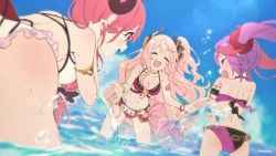 Rule 34 | 3girls, beach, bikini, closed eyes, cygames, demon girl, highres, io (princess connect!), io (summer) (princess connect!), long hair, misaki (princess connect!), misaki (summer) (princess connect!), multicolored hair, multiple girls, official art, open mouth, pink hair, princess connect!, purple hair, red eyes, red hair, suzuna (princess connect!), suzuna (summer) (princess connect!), swimsuit, twintails, very long hair