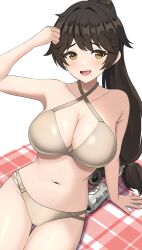 Rule 34 | 1girl, arm support, arm up, armpit crease, bare arms, bare shoulders, beer can, bikini, black hair, blanket, blush, breasts, can, cleavage, commentary, cowboy shot, criss-cross halter, dolphin wave, drink can, grey bikini, halterneck, hand on own head, high ponytail, highres, large breasts, long hair, looking at viewer, mole, mole under mouth, multi-strapped bikini bottom, navel, open mouth, ponytail, raised eyebrows, simple background, sitting, smile, solo, stomach, surippa1010, swimsuit, thigh gap, very long hair, wavy mouth, white background, yamaba yume, yellow eyes