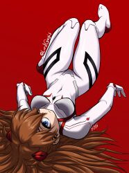 Rule 34 | 1girl, alternate breast size, artist name, blue eyes, blush, bodysuit, breasts, brown hair, curvy, evangelion: 3.0+1.0 thrice upon a time, expressionless, eyepatch, female focus, full body, hair between eyes, hair ornament, highres, long hair, looking at viewer, looking back, lord guyis, lying, medium breasts, neon genesis evangelion, plugsuit, rebuild of evangelion, red background, shiny clothes, solo, souryuu asuka langley, standing, sweat, twitter username, two side up, very long hair, white bodysuit, wide hips