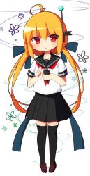 Rule 34 | 1girl, :o, ahoge, black sailor collar, black skirt, black thighhighs, blonde hair, brown footwear, cellphone, commentary request, hair between eyes, highres, holding, holding phone, loafers, long hair, looking at viewer, low twintails, neckerchief, original, parted lips, phone, pleated skirt, red eyes, red neckerchief, rensei, sailor collar, school uniform, serafuku, shirt, shoes, short sleeves, simple background, skirt, solo, thighhighs, twintails, very long hair, white background, white shirt