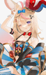 Rule 34 | 1girl, animal ears, asymmetrical gloves, bare shoulders, between legs, blonde hair, bow, braid, breasts, cleavage, clothing cutout, cross-laced clothes, cross-laced legwear, dress, elbow gloves, facial mark, gloves, gotou (nekocat), hair bow, hair ornament, hairclip, hand between legs, hand up, hat, highres, hololive, jester cap, long hair, looking at viewer, medium breasts, nail polish, navel cutout, omaru polka, omaru polka (1st costume), one eye closed, original, purple eyes, rabbit ears, red bow, red nails, side braid, signature, single glove, sitting, skirt, smile, solo, striped clothes, striped skirt, striped thighhighs, thighhighs, tongue, tongue out, twitter username, uneven gloves, v, vertical-striped clothes, vertical-striped skirt, vertical-striped thighhighs, virtual youtuber, white background, wrist cuffs, x hair ornament