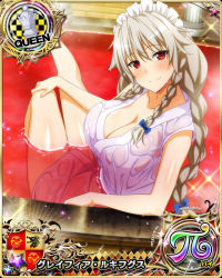 Rule 34 | 1girl, blue bow, blush, bow, braid, breasts, card (medium), chess piece, cleavage, female focus, grayfia lucifuge, grey hair, hair bow, high school dxd, large breasts, long hair, looking at viewer, maid headdress, mature female, official art, queen (chess), red eyes, solo, twin braids, wet